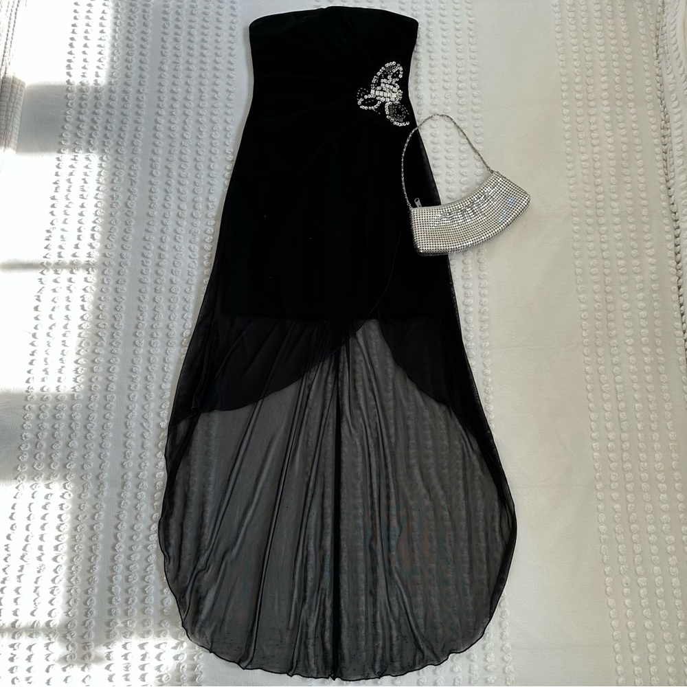 Macy’s Teeze Me Strapless Asymmetric Embellished Mini and Sheer Maxi Dre…